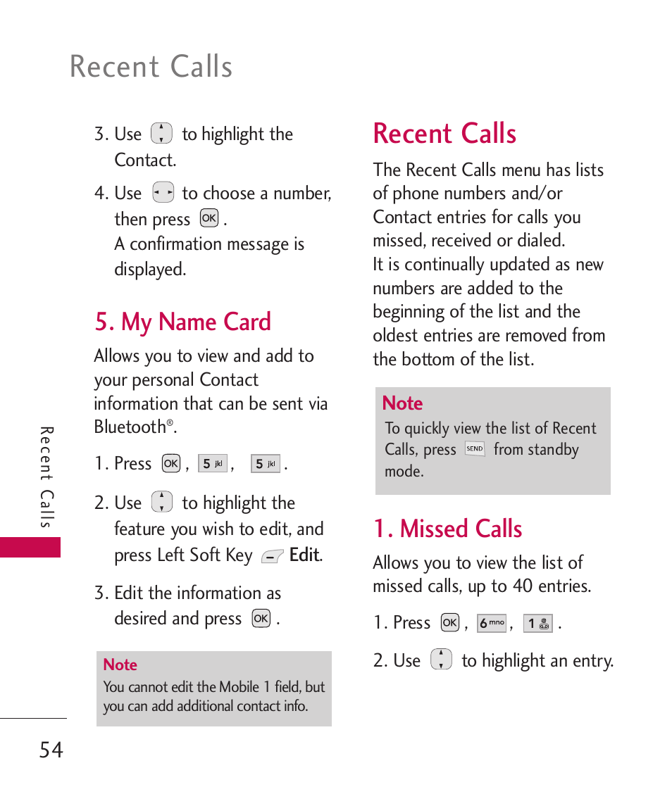 My name card, Recent calls, Missed calls | LG AX310 User Manual | Page 56 / 119
