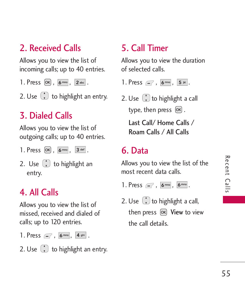 Received calls, Dialed calls, All calls | Call timer, Data | LG AX310 User Manual | Page 57 / 119