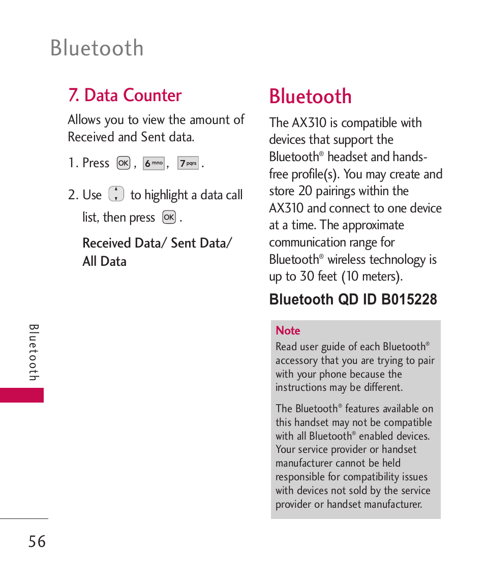 Data counter, Bluetooth | LG AX310 User Manual | Page 58 / 119