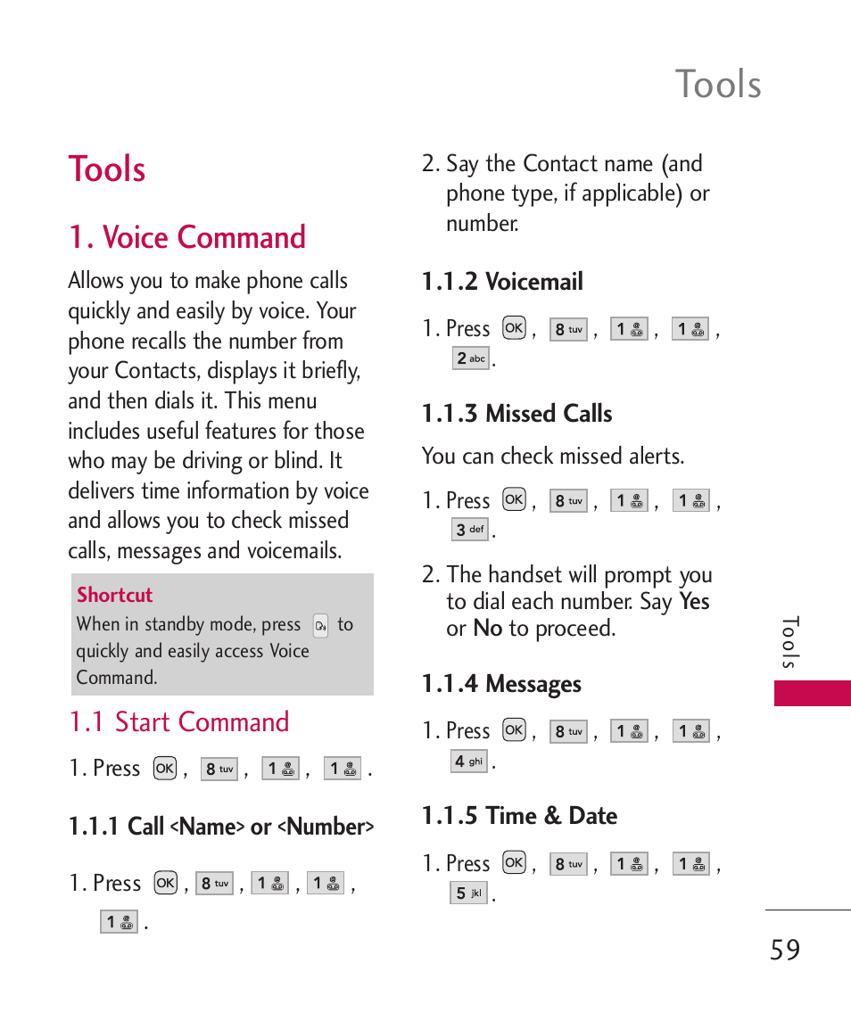 Tools, Voice command, 1 start command | 1 call <name> or <number, 2 voicemail, 3 missed calls, 4 messages, 5 time & date, 1 call <name> or <number> 59 | LG AX310 User Manual | Page 61 / 119