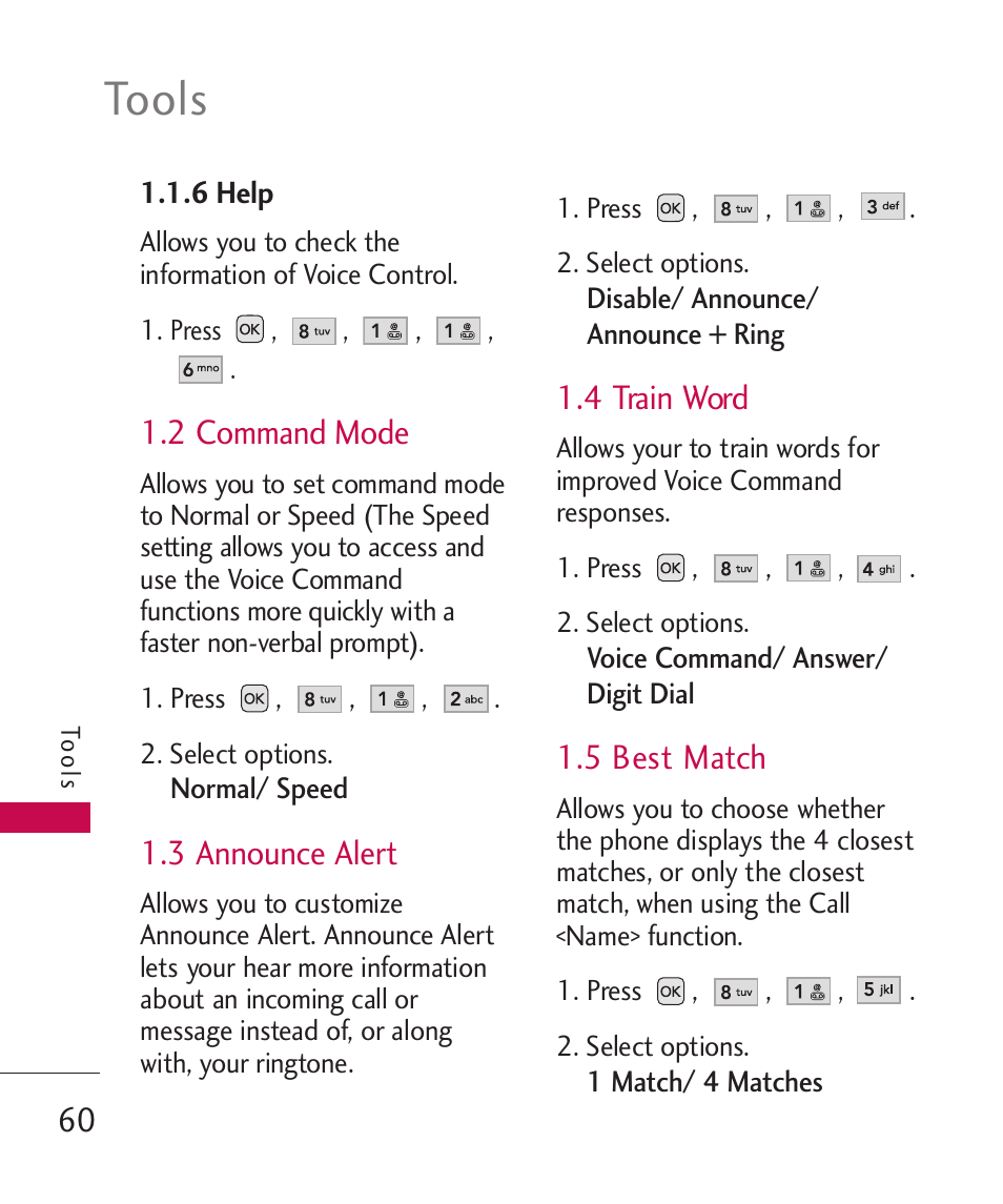 6 help, 2 command mode, 3 announce alert | 4 train word, 5 best match, Tools | LG AX310 User Manual | Page 62 / 119