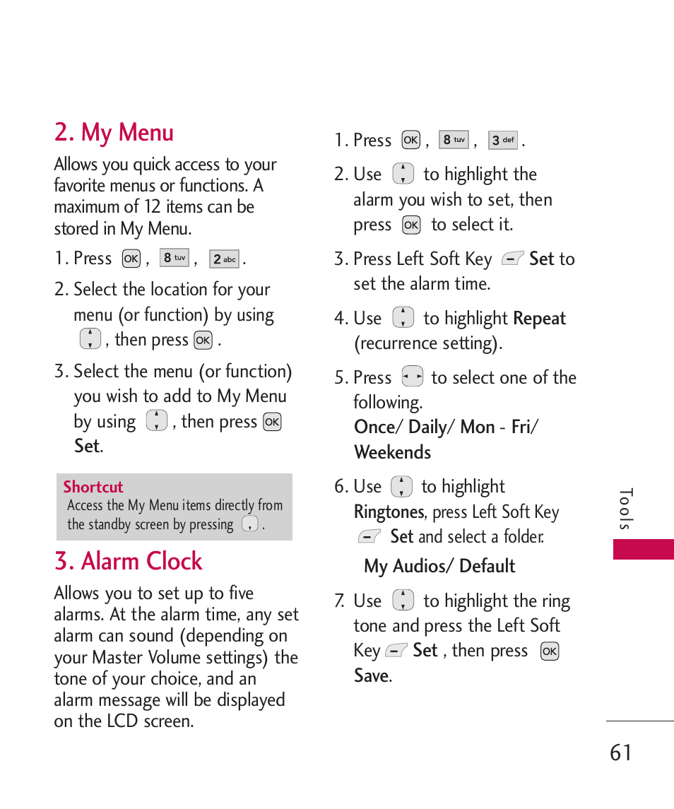 My menu, Alarm clock | LG AX310 User Manual | Page 63 / 119