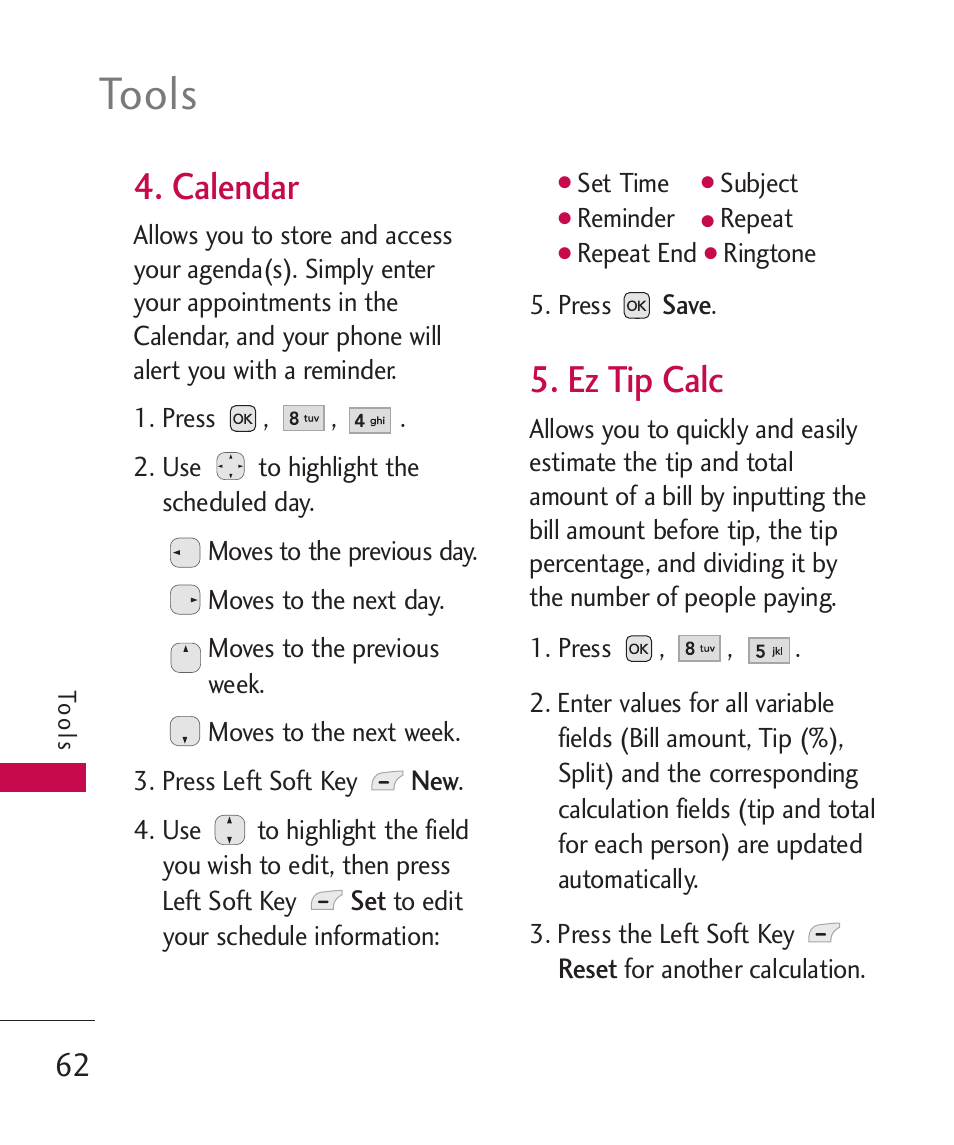 Calendar, Ez tip calc, Tools | LG AX310 User Manual | Page 64 / 119