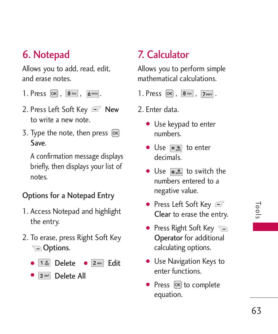 Notepad, Calculator | LG AX310 User Manual | Page 65 / 119