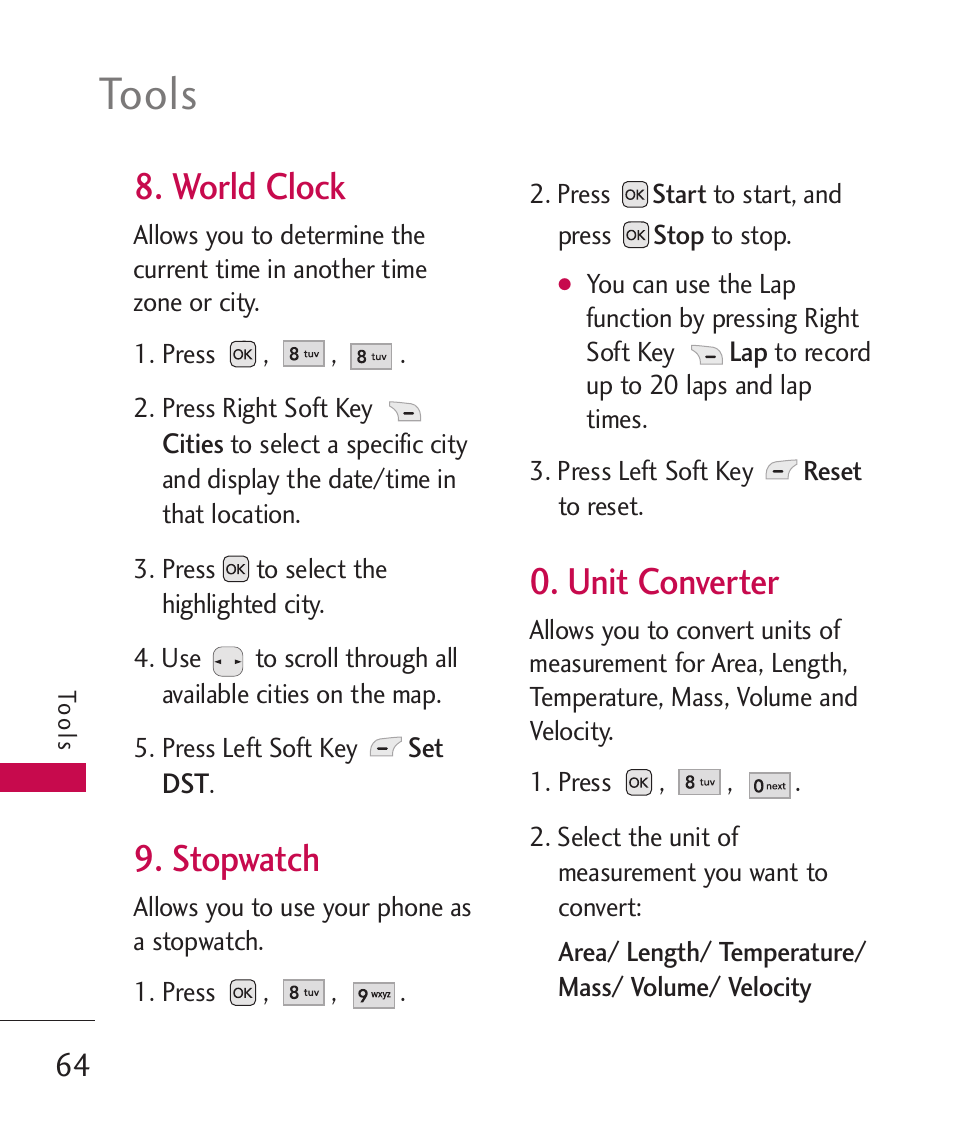 World clock, Stopwatch, Unit converter | Unit converter 64, Tools | LG AX310 User Manual | Page 66 / 119