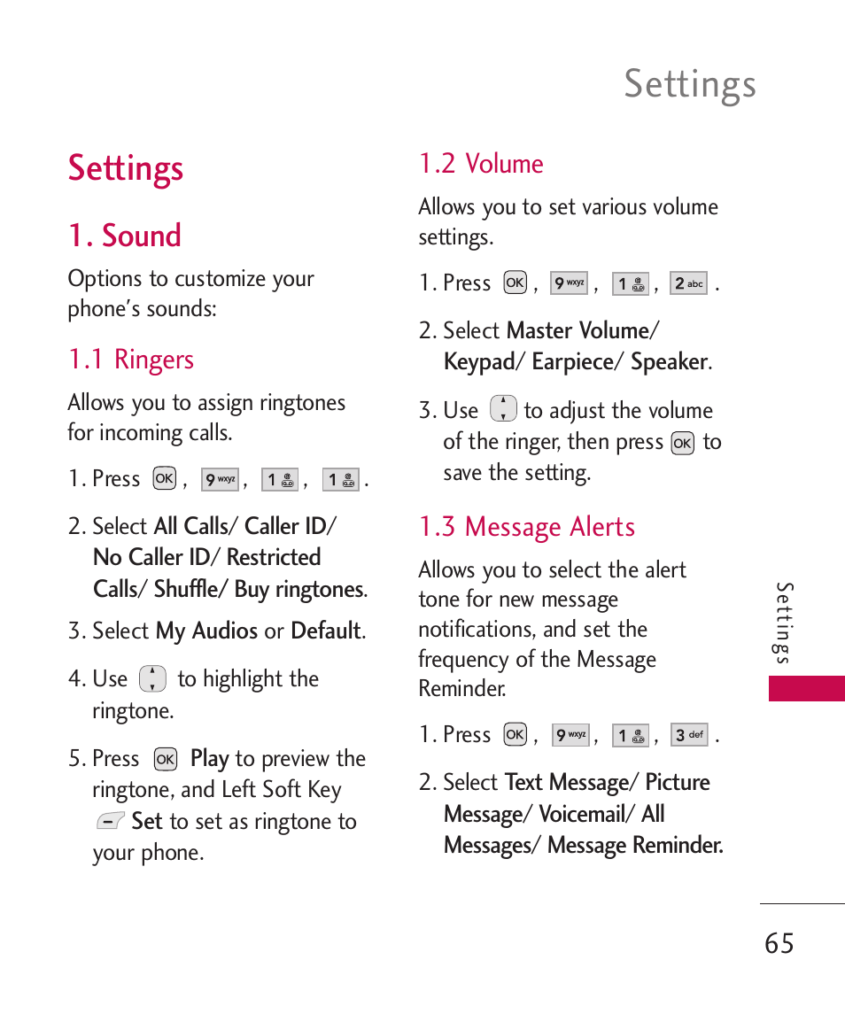 Settings, Sound, 1 ringers | 2 volume, 3 message alerts | LG AX310 User Manual | Page 67 / 119