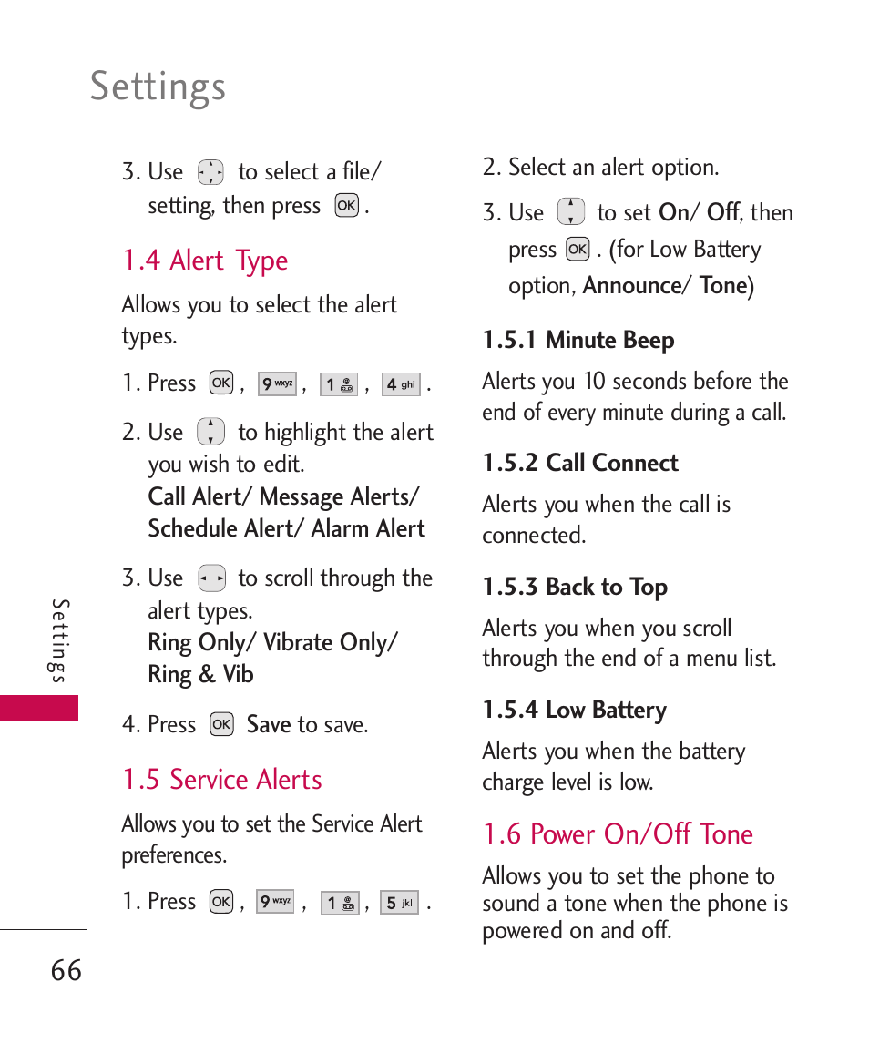 4 alert type, 5 service alerts, 6 power on/off tone | Settings | LG AX310 User Manual | Page 68 / 119