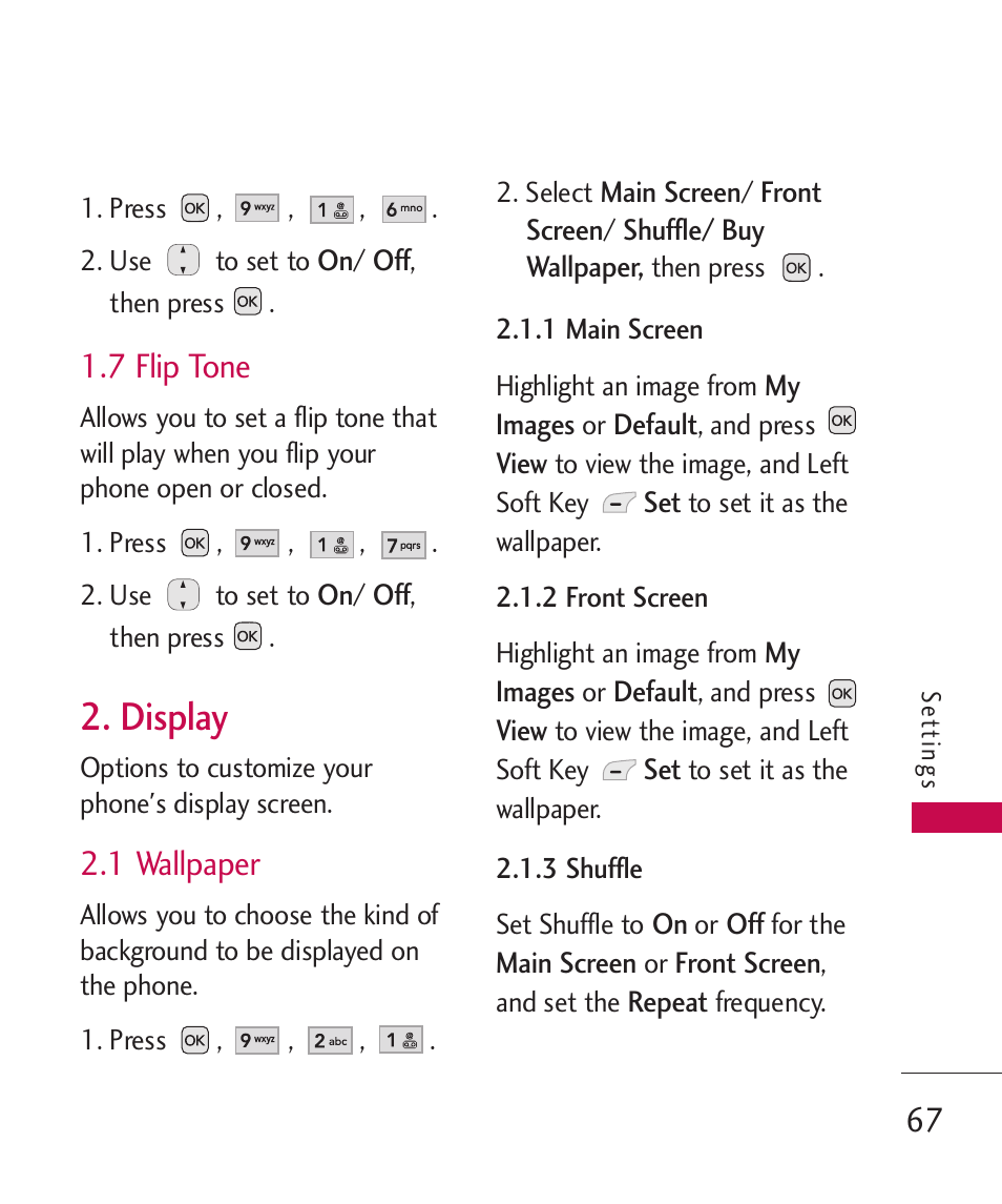 7 flip tone, Display, 1 wallpaper | LG AX310 User Manual | Page 69 / 119