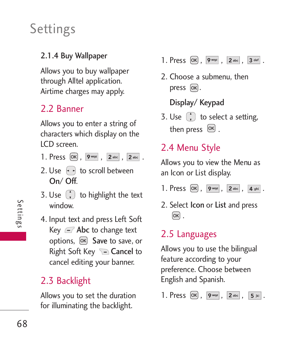 2 banner, 3 backlight, 4 menu style | 5 languages, Settings | LG AX310 User Manual | Page 70 / 119