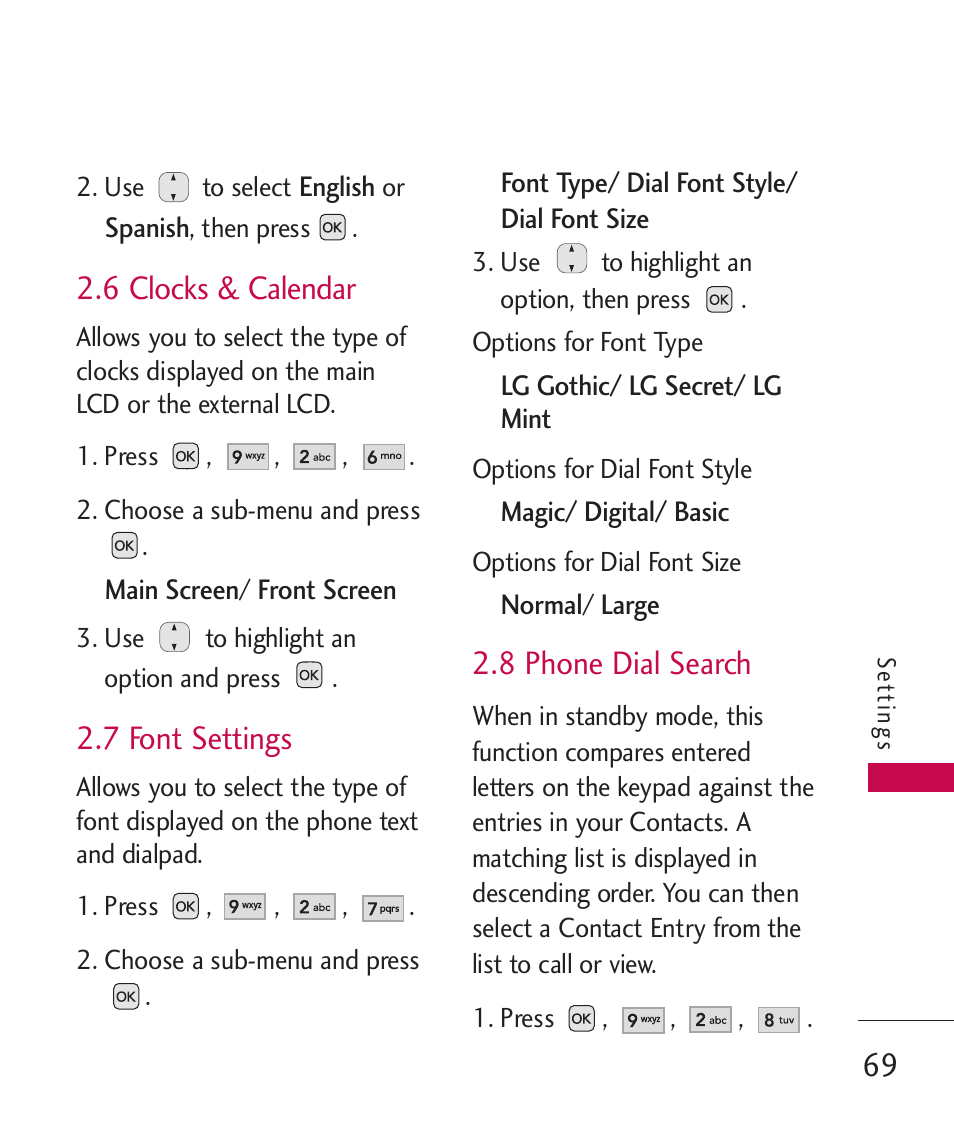 6 clocks & calendar, 7 font settings, 8 phone dial search | LG AX310 User Manual | Page 71 / 119