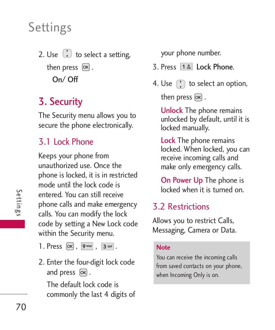 Security, 1 lock phone, 2 restrictions | Settings | LG AX310 User Manual | Page 72 / 119