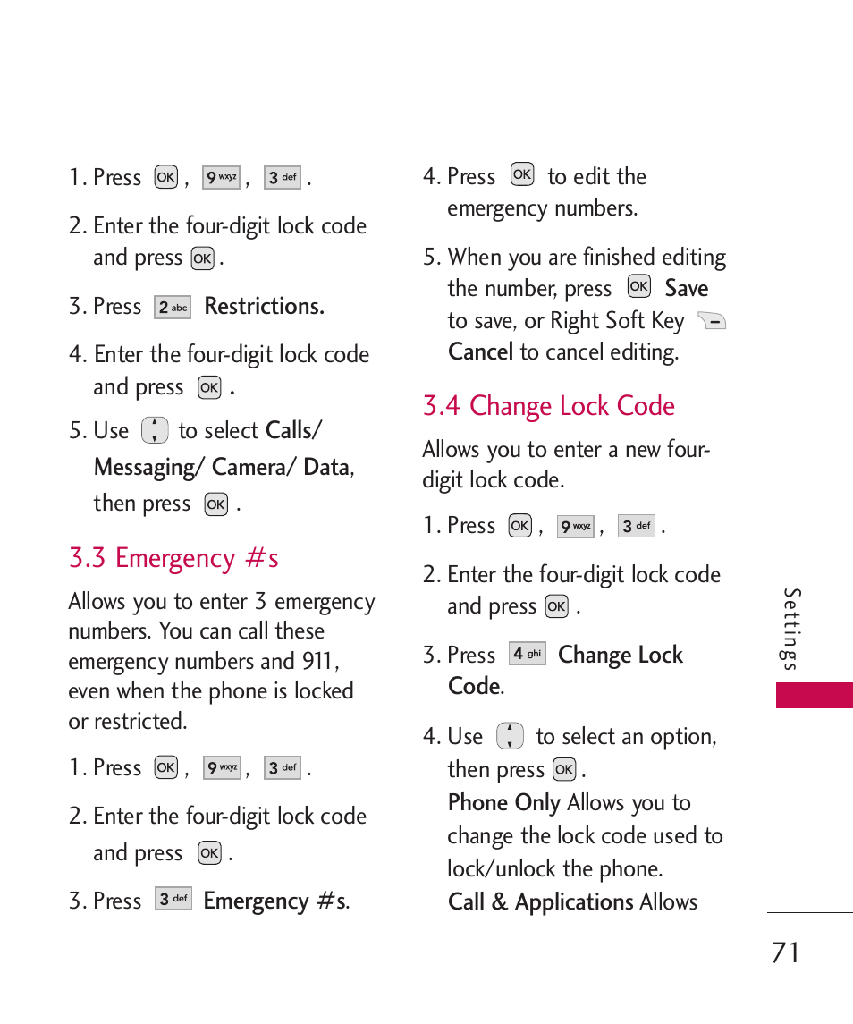 3 emergency #s, 4 change lock code | LG AX310 User Manual | Page 73 / 119