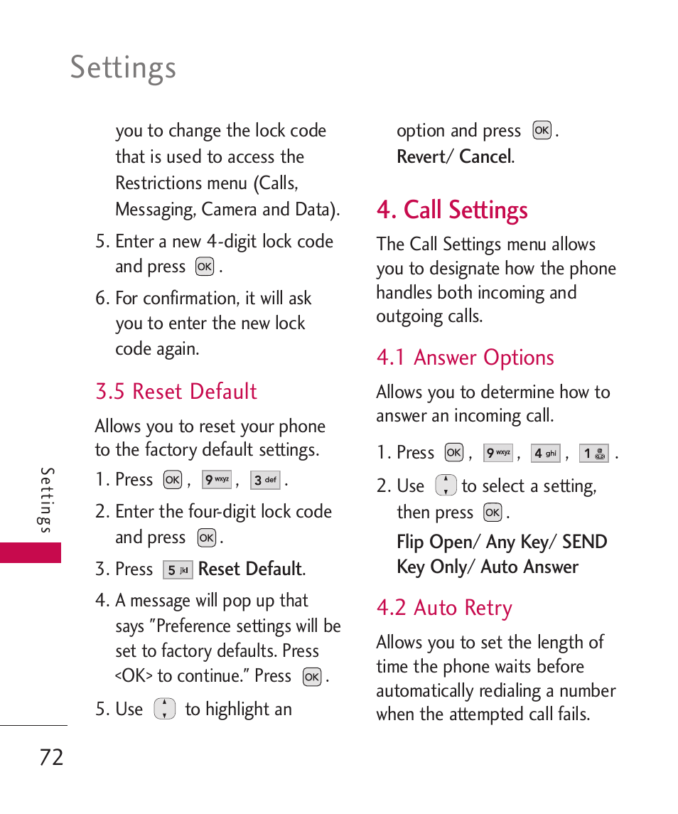 5 reset default, Call settings, 1 answer options | 2 auto retry, Settings | LG AX310 User Manual | Page 74 / 119