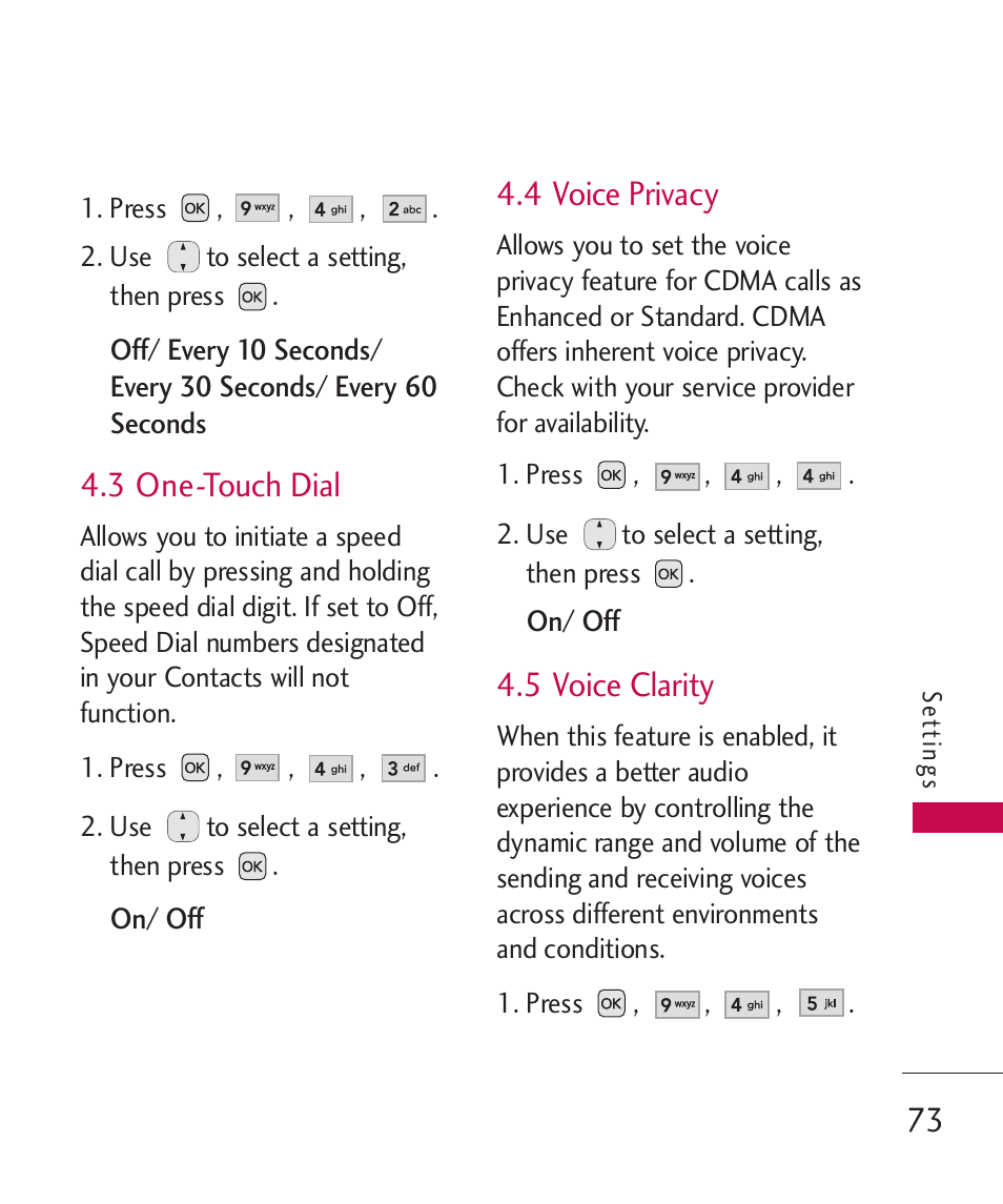 3 one-touch dial, 4 voice privacy, 5 voice clarity | LG AX310 User Manual | Page 75 / 119