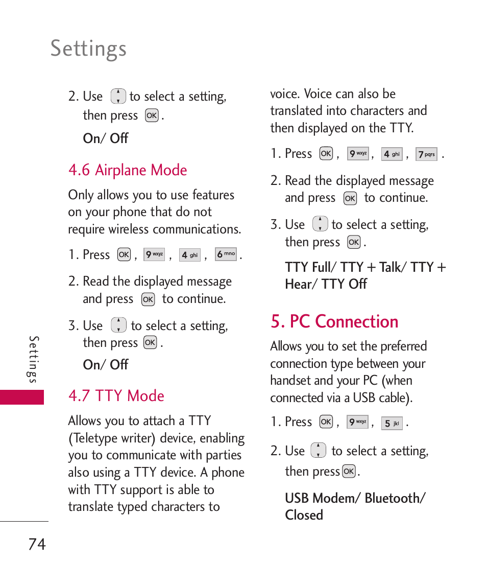 6 airplane mode, 7 tty mode, Pc connection | Settings | LG AX310 User Manual | Page 76 / 119