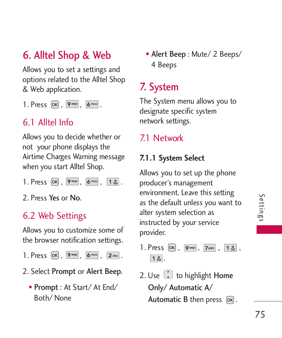 Alltel shop & web, 1 alltel info, 2 web settings | 1 network, 1 system select, System | LG AX310 User Manual | Page 77 / 119