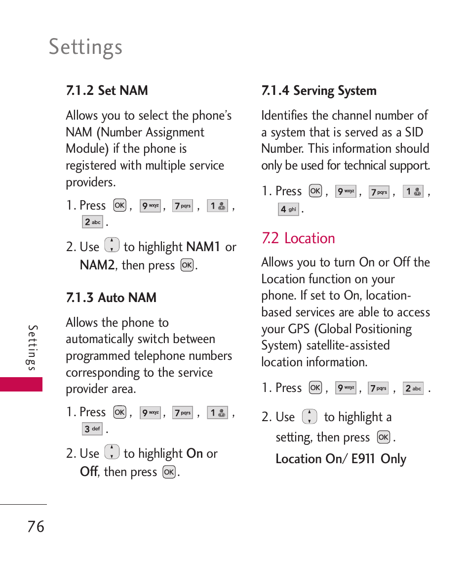 2 set nam, 3 auto nam, 4 serving system | 2 location, Settings | LG AX310 User Manual | Page 78 / 119