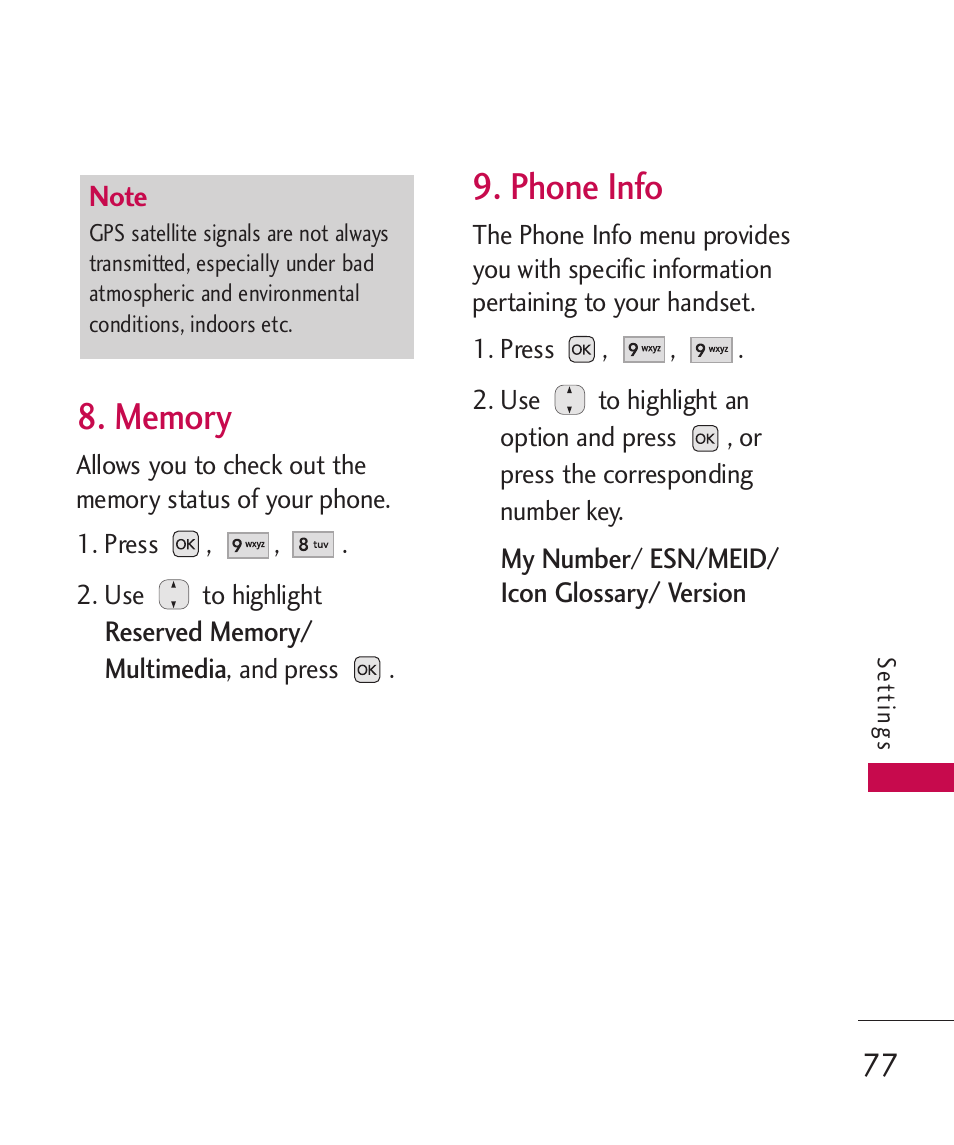 Memory, Phone info | LG AX310 User Manual | Page 79 / 119