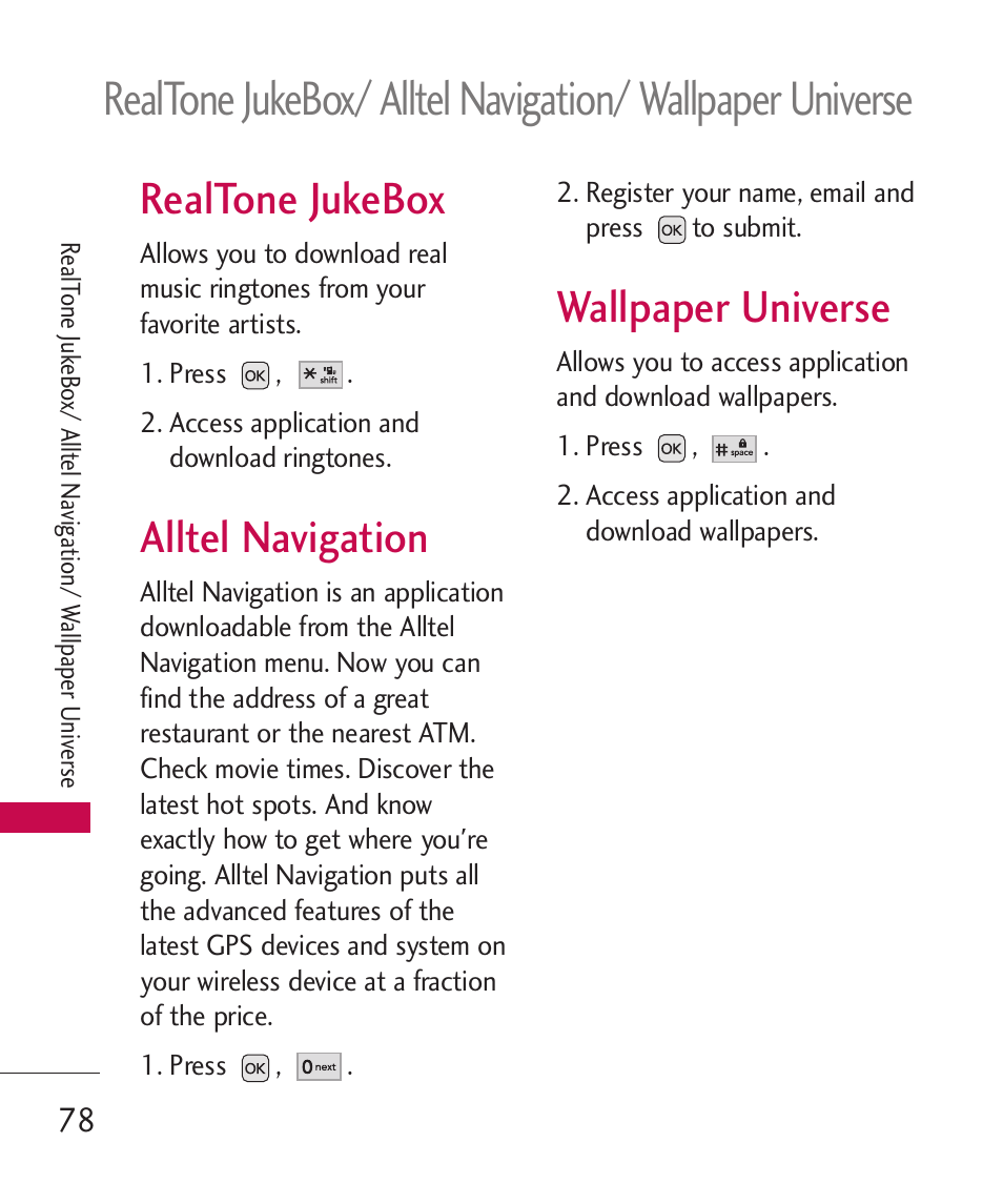 Realtone jukebox, Alltel navigation, Wallpaper universe | LG AX310 User Manual | Page 80 / 119