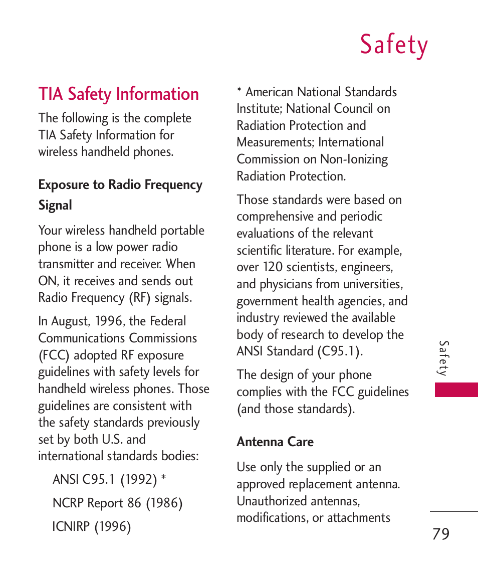 Safety, Tia safety information, Exposure to radio frequency | Antenna care, Exposure to radio frequency signal | LG AX310 User Manual | Page 81 / 119