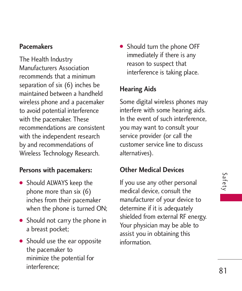 Pacemakers, Persons with pacemakers, Hearing aids | Other medical devices | LG AX310 User Manual | Page 83 / 119