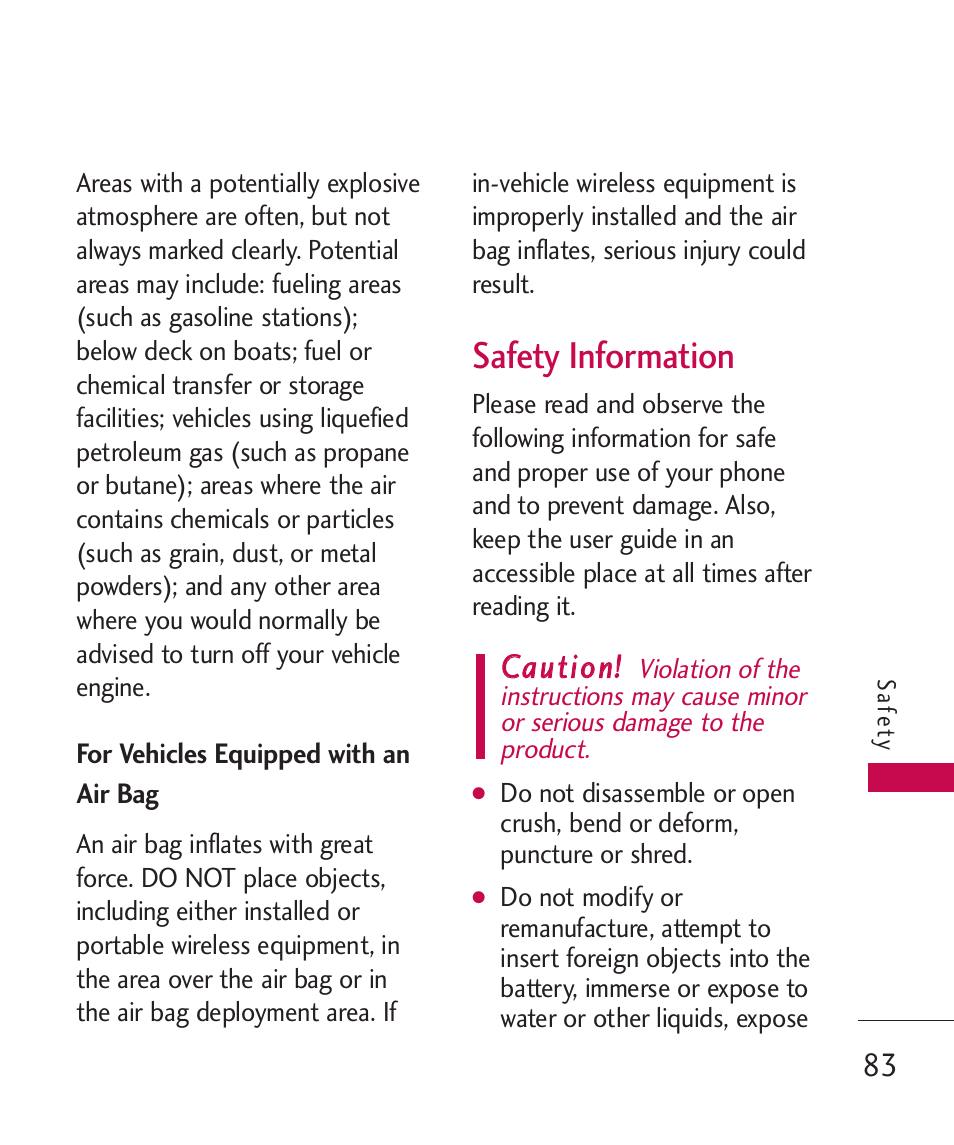 For vehicles equipped with a, Safety information, For vehicles equipped with an air bag | Ccaauuttiioonn | LG AX310 User Manual | Page 85 / 119