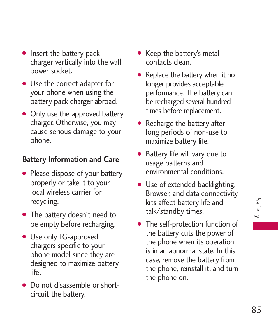 Battery information and care, Do not disassemble or short- circuit the battery, Keep the battery’s metal contacts clean | LG AX310 User Manual | Page 87 / 119