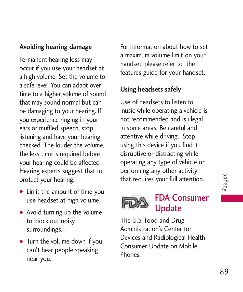 Avoiding hearing damage, Using headsets safely, Fda consumer update | LG AX310 User Manual | Page 91 / 119