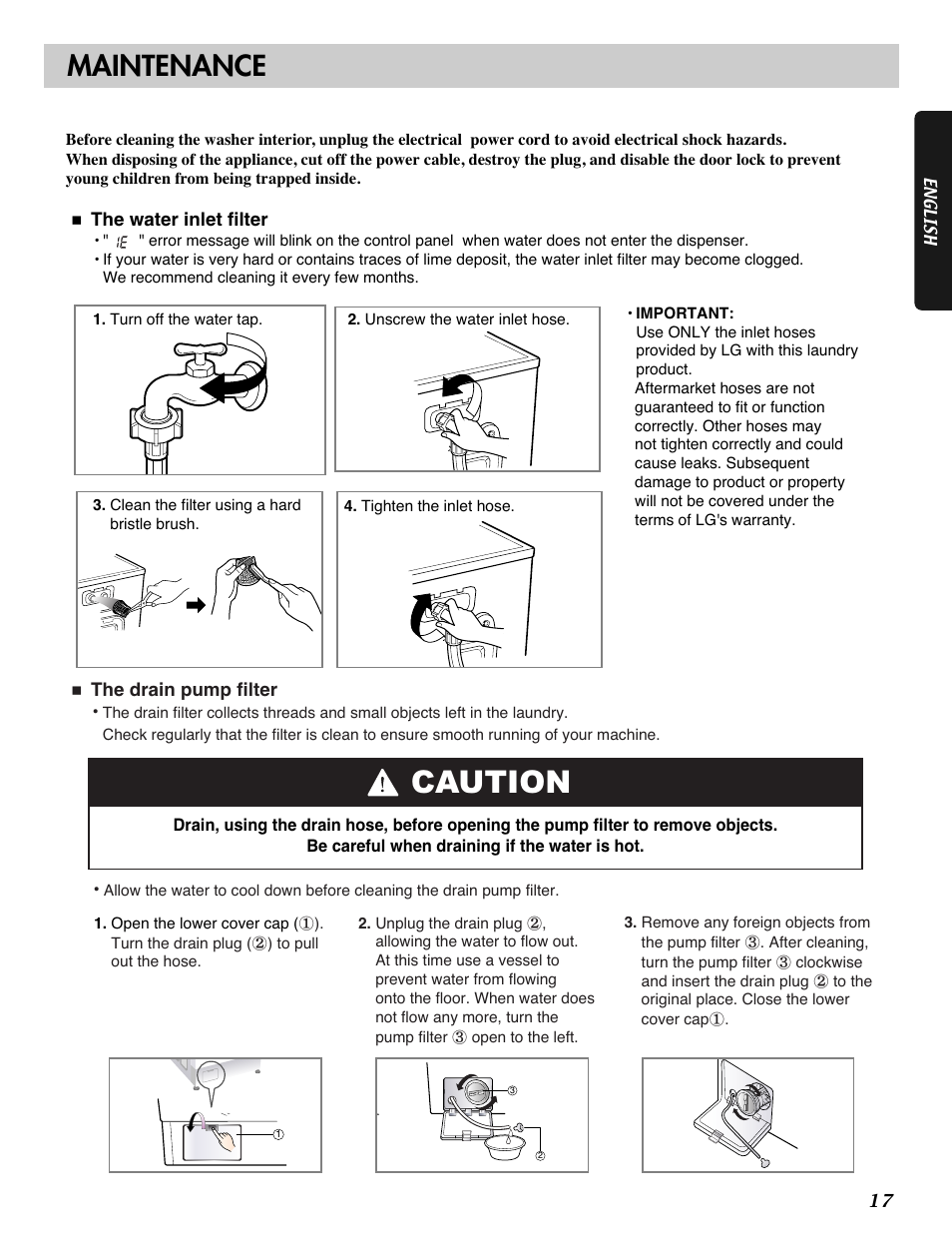 Caution, Maintenance | LG WM2101H User Manual | Page 17 / 72