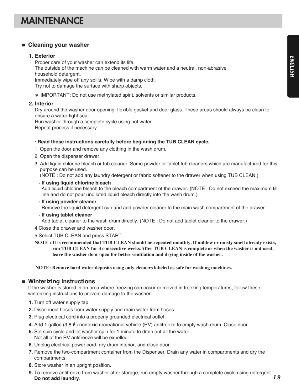 Maintenance | LG WM2101H User Manual | Page 19 / 72