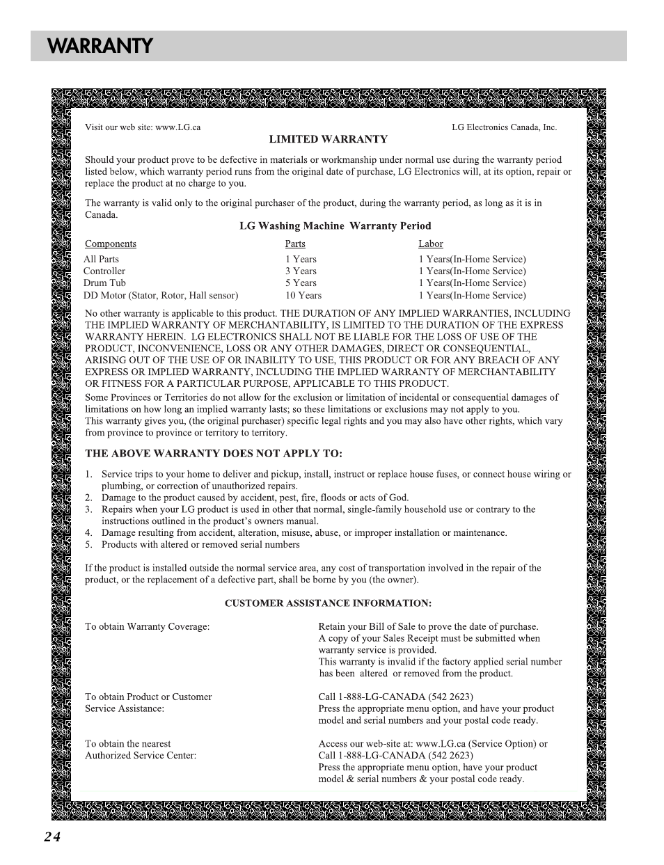 Warranty | LG WM2101H User Manual | Page 24 / 72