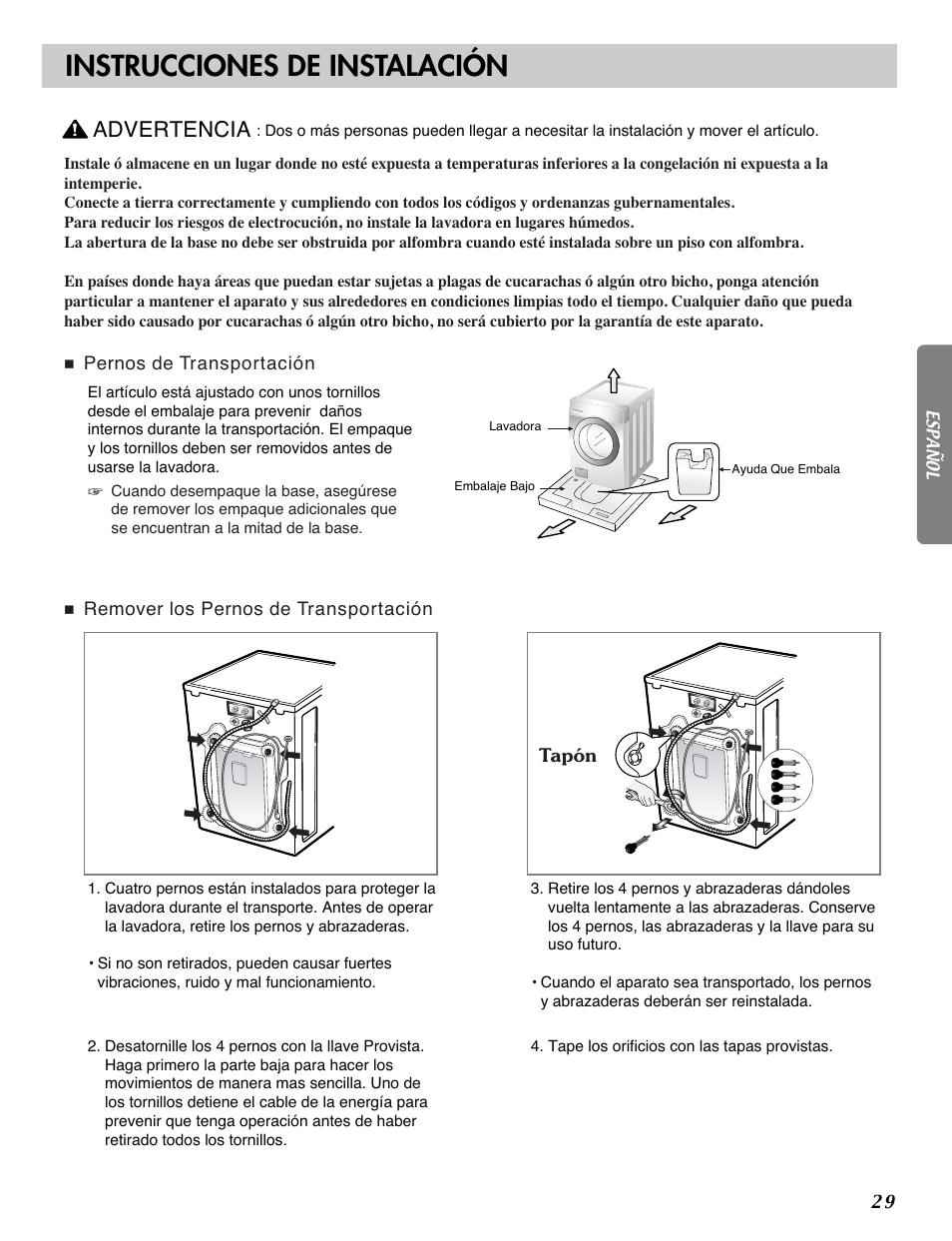 Instrucciones de instalación, Advertencia | LG WM2101H User Manual | Page 29 / 72