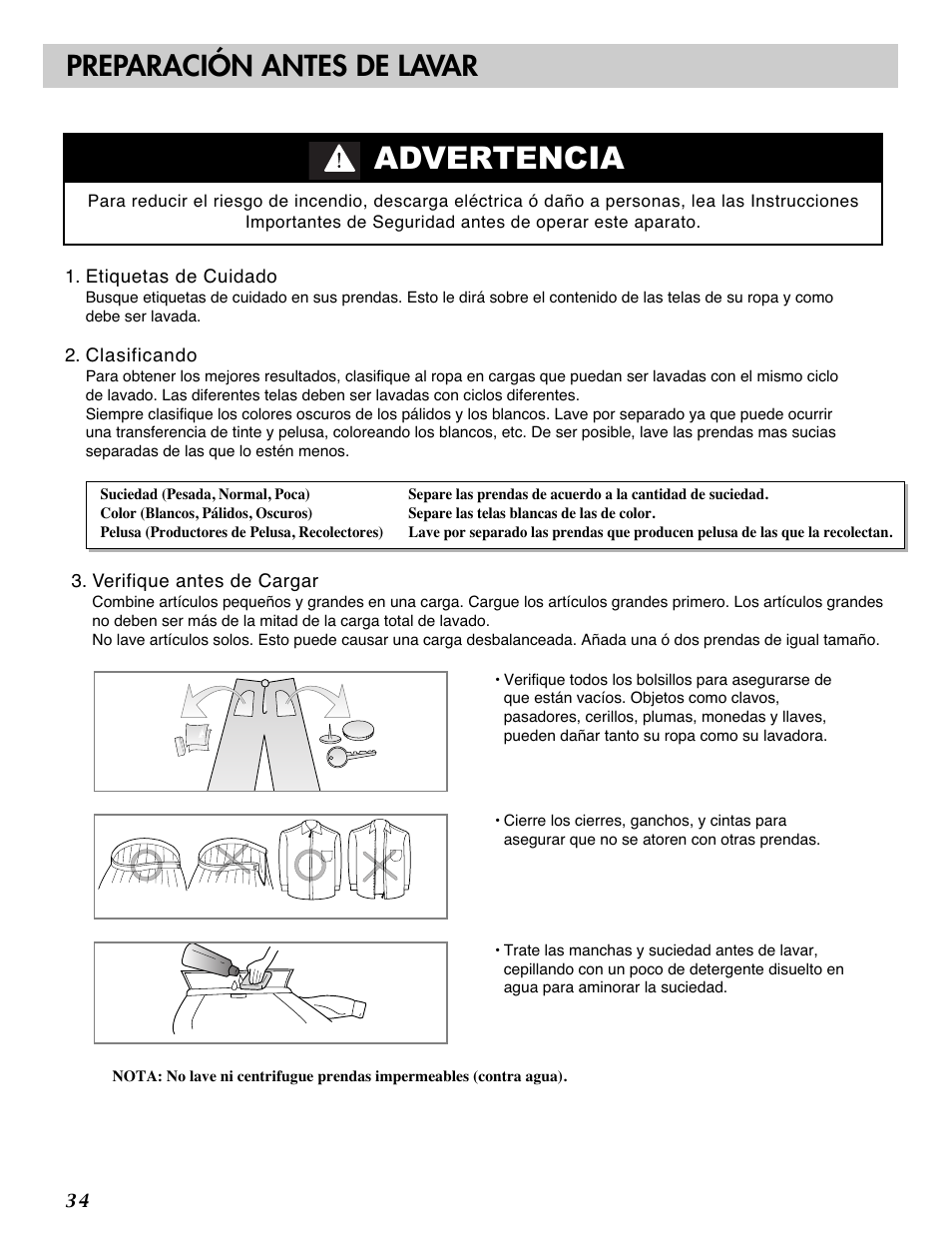 Advertencia, Preparación antes de lavar | LG WM2101H User Manual | Page 34 / 72