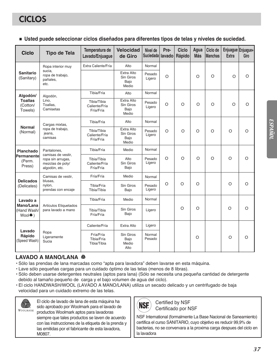 Ciclos, Lavado a mano/lana | LG WM2101H User Manual | Page 37 / 72