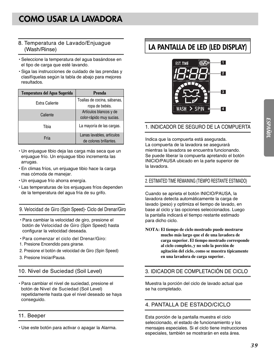 Como usar la lavadora, La pantalla de led (led display) | LG WM2101H User Manual | Page 39 / 72