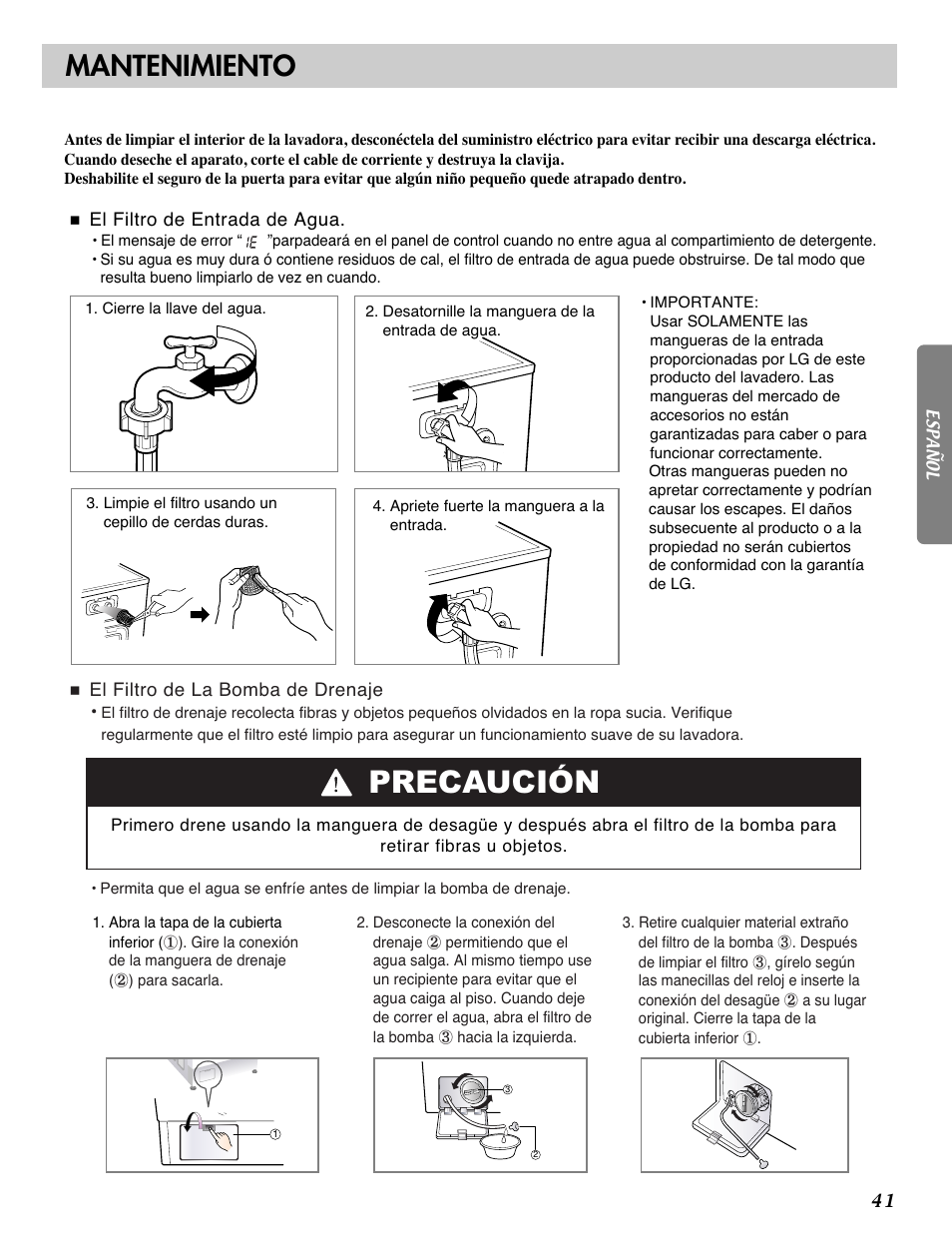 Precaución, Mantenimiento | LG WM2101H User Manual | Page 41 / 72