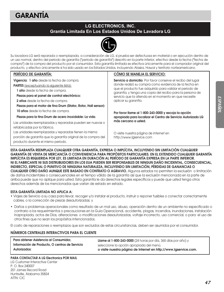 Garantía | LG WM2101H User Manual | Page 47 / 72