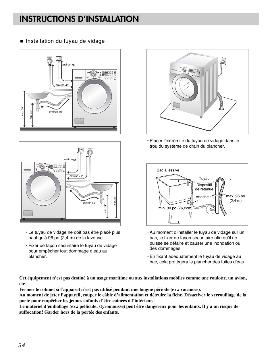 Instructions d’installation, Installation du tuyau de vidage | LG WM2101H User Manual | Page 54 / 72