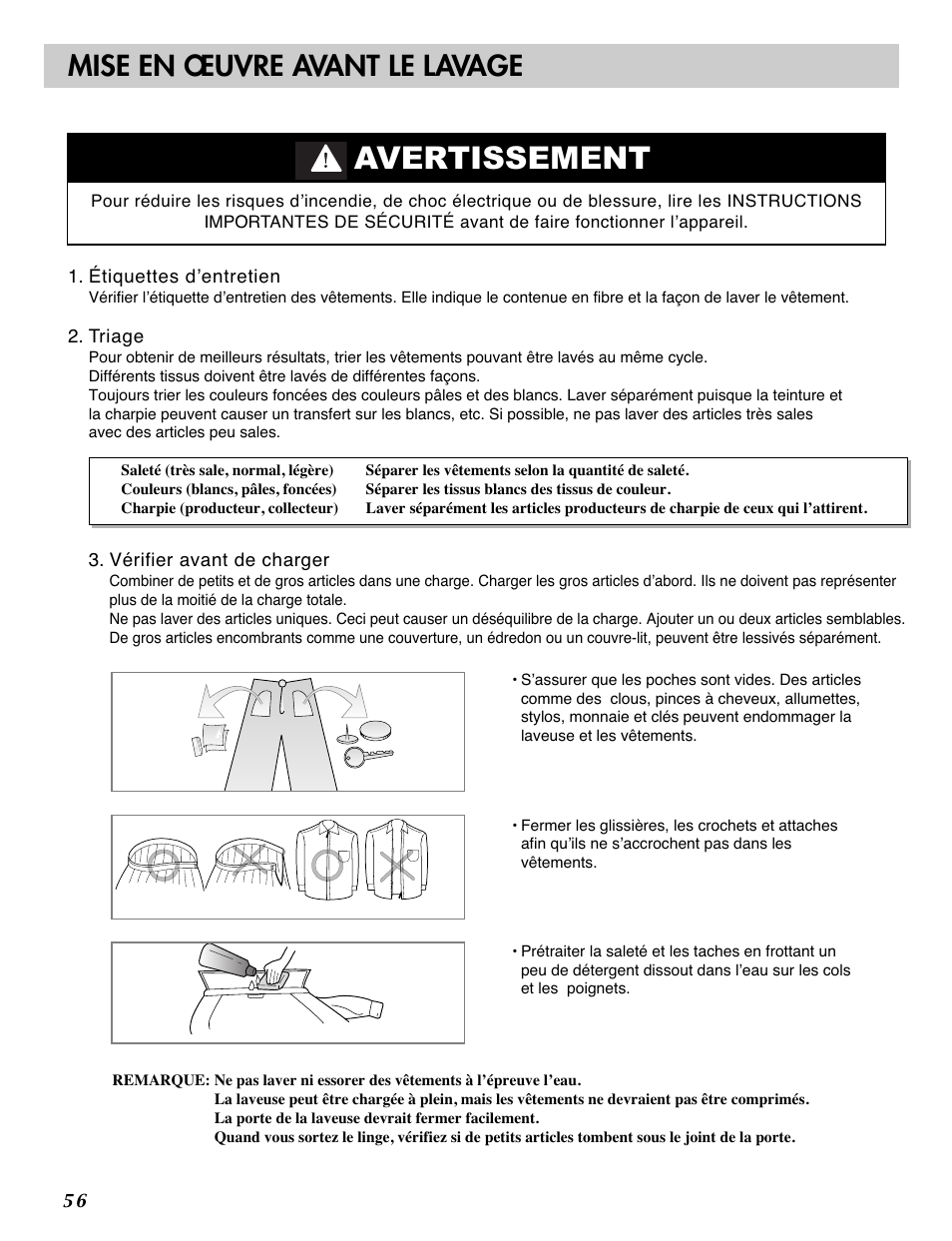 Avertissement, Mise en œuvre avant le lavage | LG WM2101H User Manual | Page 56 / 72