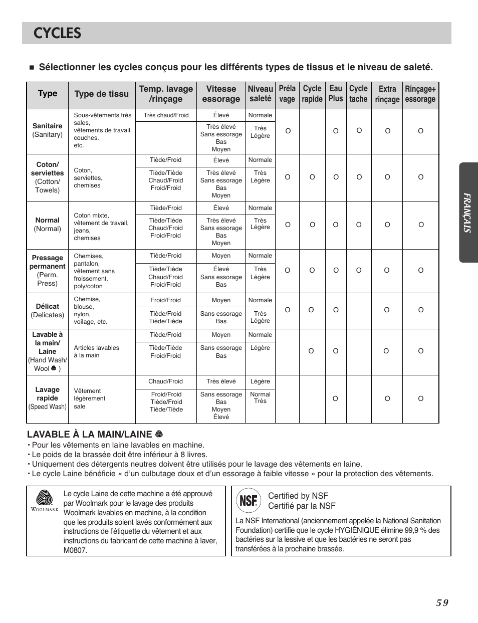 Cycles, Lavable à la main/laine | LG WM2101H User Manual | Page 59 / 72