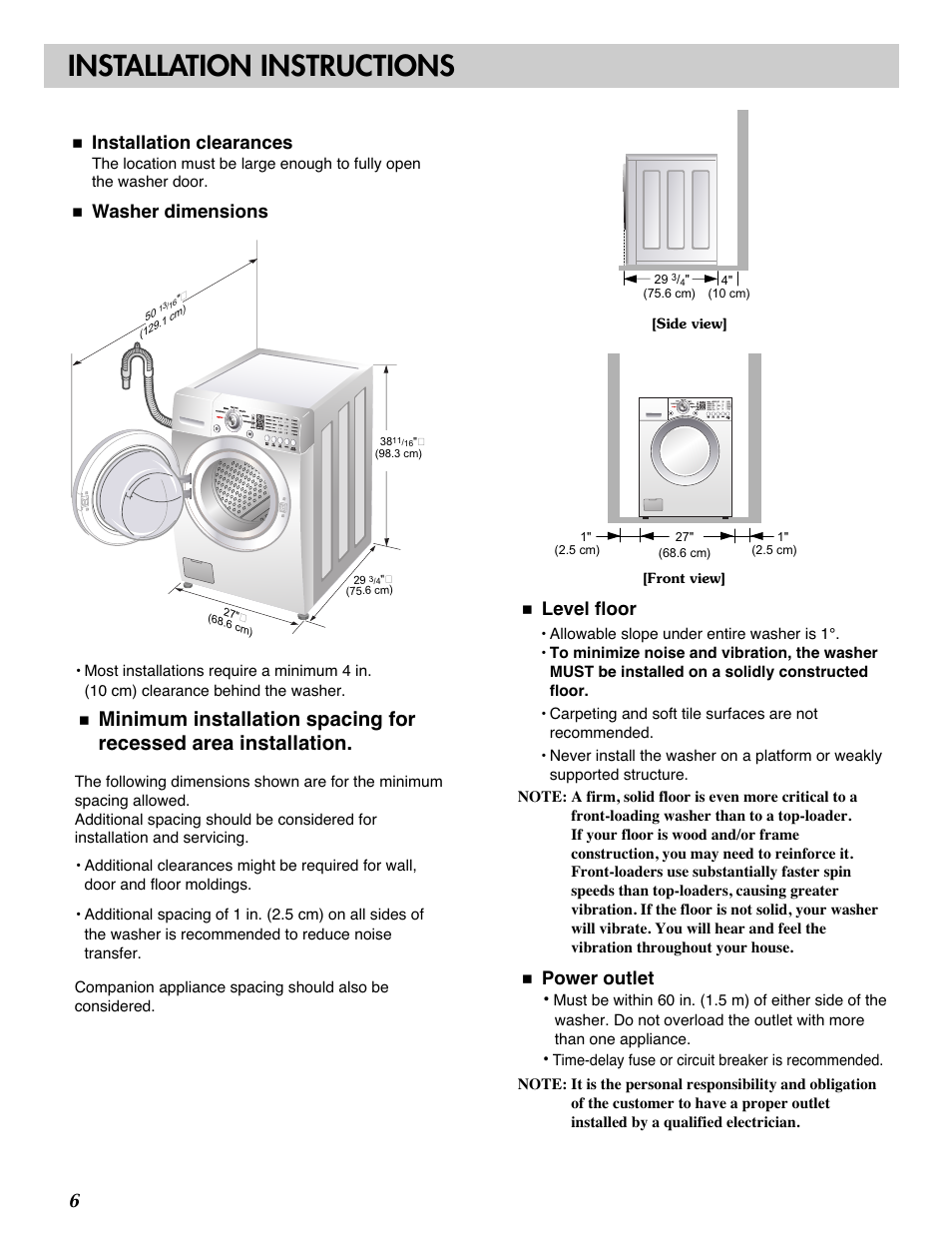 Installation instructions, Installation clearances, Washer dimensions | Level floor, Power outlet | LG WM2101H User Manual | Page 6 / 72