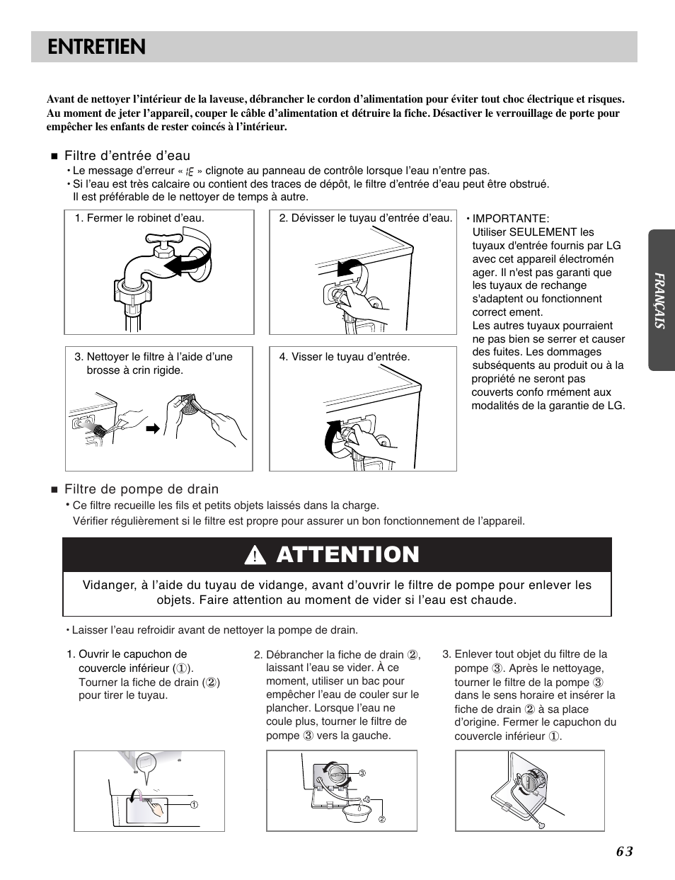 Attention, Entretien | LG WM2101H User Manual | Page 63 / 72