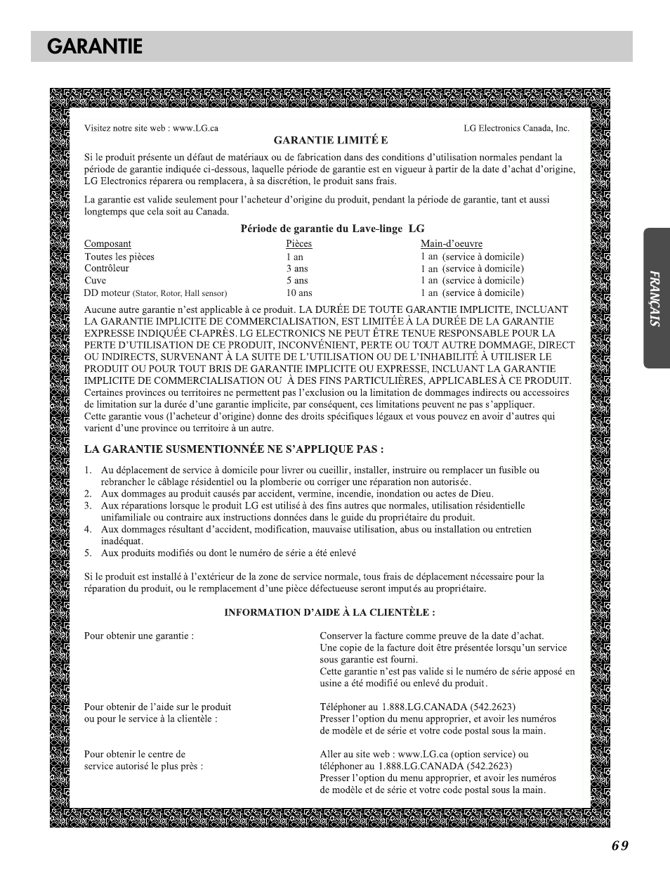 Garantie | LG WM2101H User Manual | Page 69 / 72