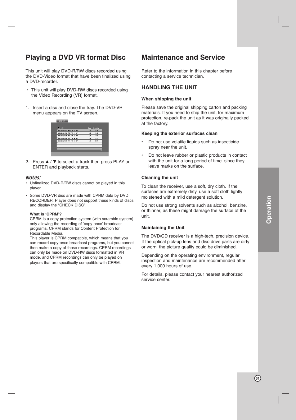 Playing a dvd vr format disc, Maintenance and service, Operation | LG DVT418 User Manual | Page 31 / 40