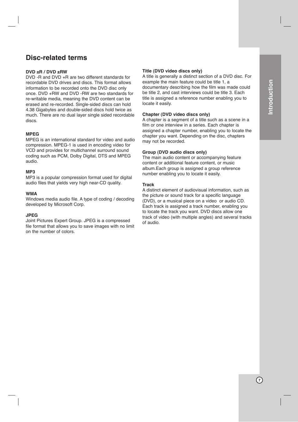 Disc-related terms, Introduction | LG DVT418 User Manual | Page 7 / 40