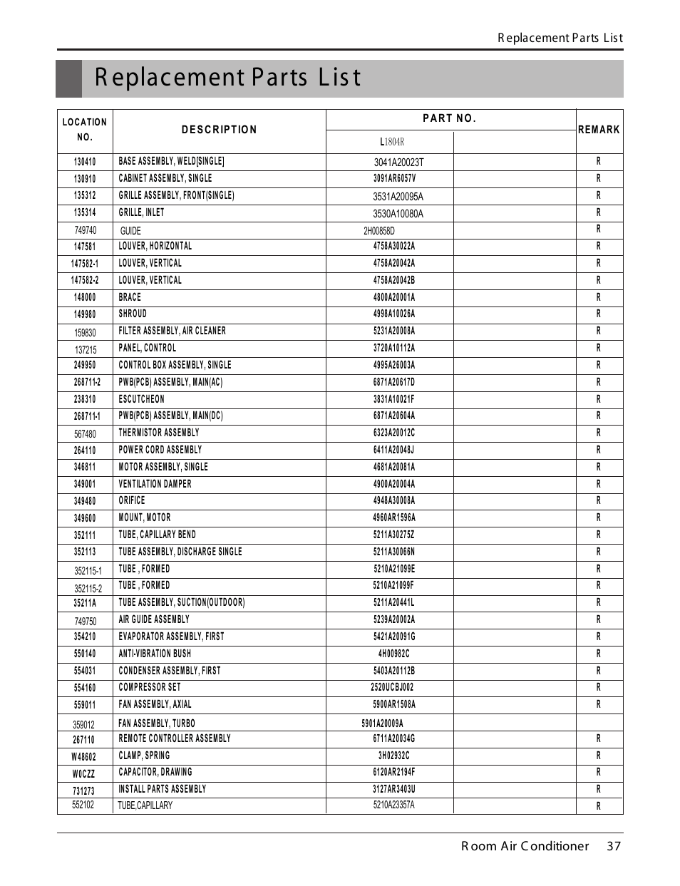 R eplacement parts l is t | LG L1804R User Manual | Page 37 / 39