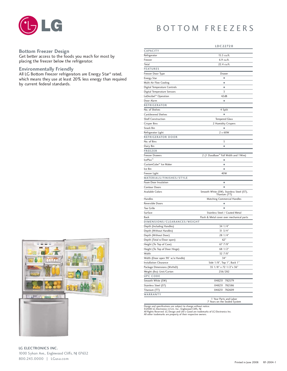 Bottom freezer design, Environmentally friendly | LG LDC22720 User Manual | Page 2 / 2