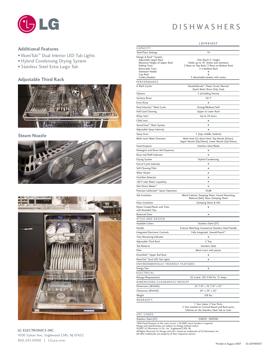 Additional features, Adjustable third rack steam nozzle, Illumitub | LG LDF9810ST User Manual | Page 2 / 2