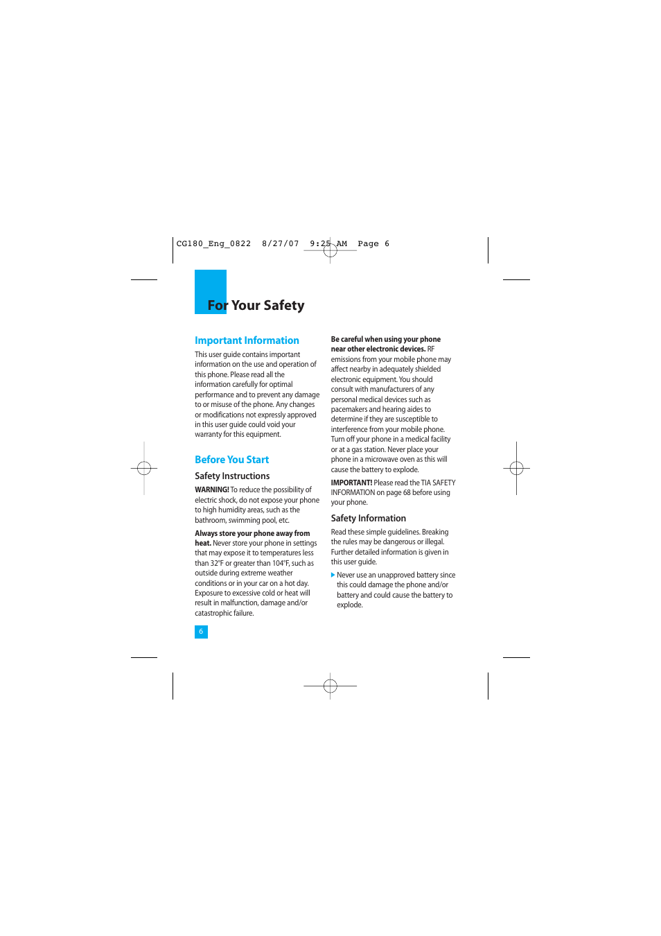 For your safety | LG CG180 User Manual | Page 10 / 182