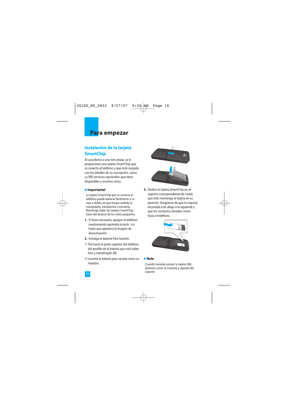Para empezar, Instalación de la tarjeta smartchip | LG CG180 User Manual | Page 106 / 182